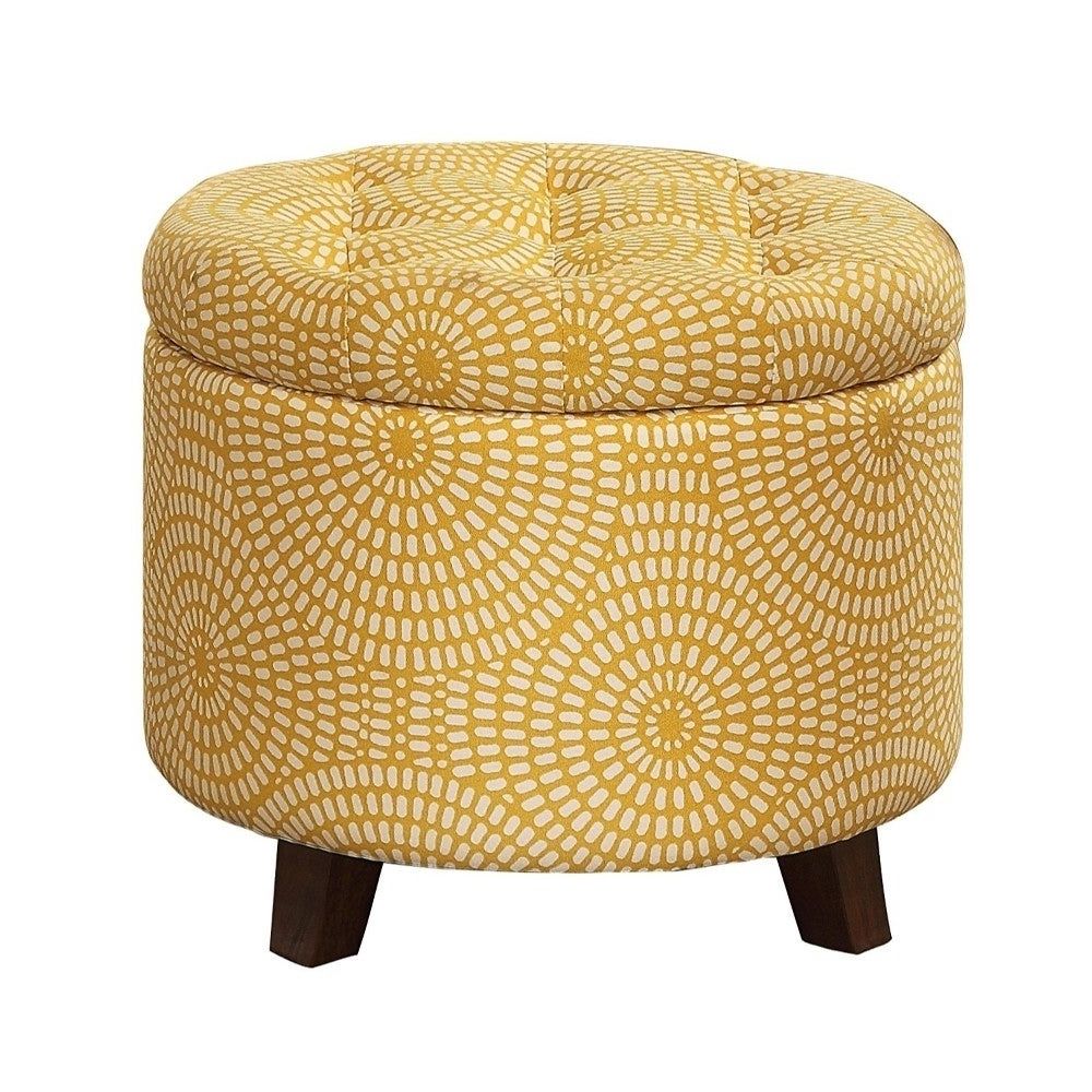 Velvet Ribbed Fabric Round Storage Ottomans Throughout Best And Newest Button Tufted Wooden Round Storage Ottoman Upholstered In Yellow Medium (View 5 of 10)