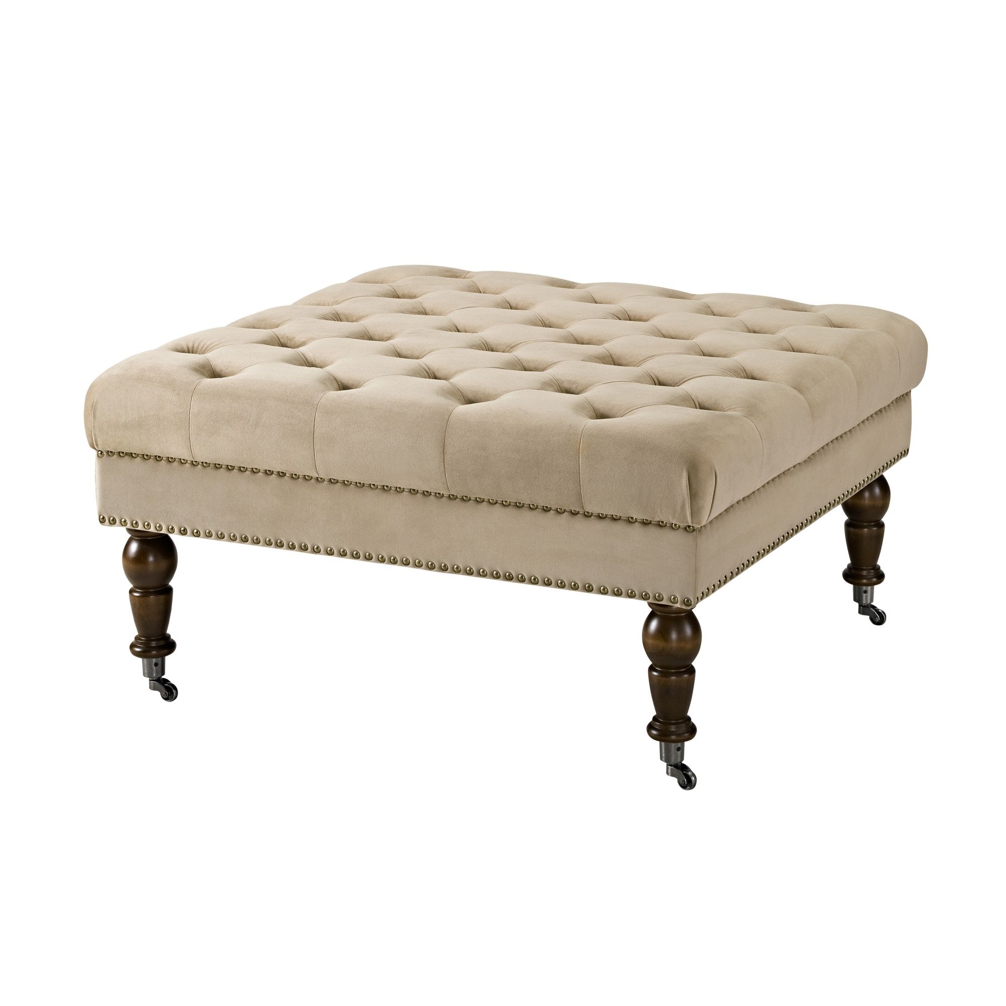 Velvet Upholstered Square Tufted Ottoman With Casters, Beige And Brown With Regard To Preferred Brown And Gray Button Tufted Ottomans (View 1 of 10)