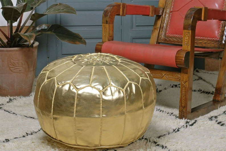 Weathered Gold Leather Hide Pouf Ottomans With Regard To Well Liked Gold Faux Leather Pouf, Berber Pouf, Ottoman Footstool , Moroccan (Photo 7 of 10)