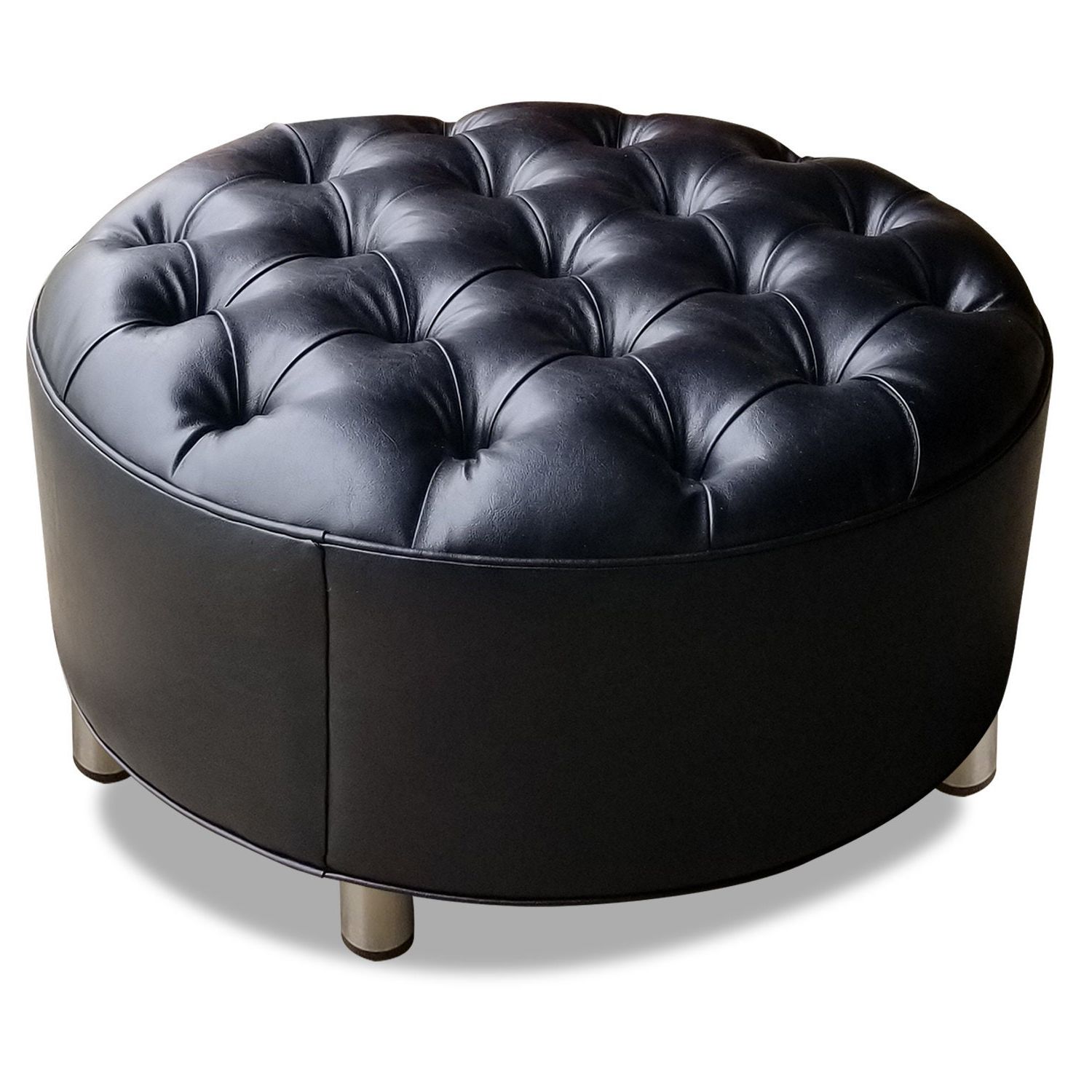 Weathered Ivory Leather Hide Pouf Ottomans Within 2018 Modern Round Ottoman, Tufted, Black Vegan Leather, Chrome Metal Legs (View 9 of 10)