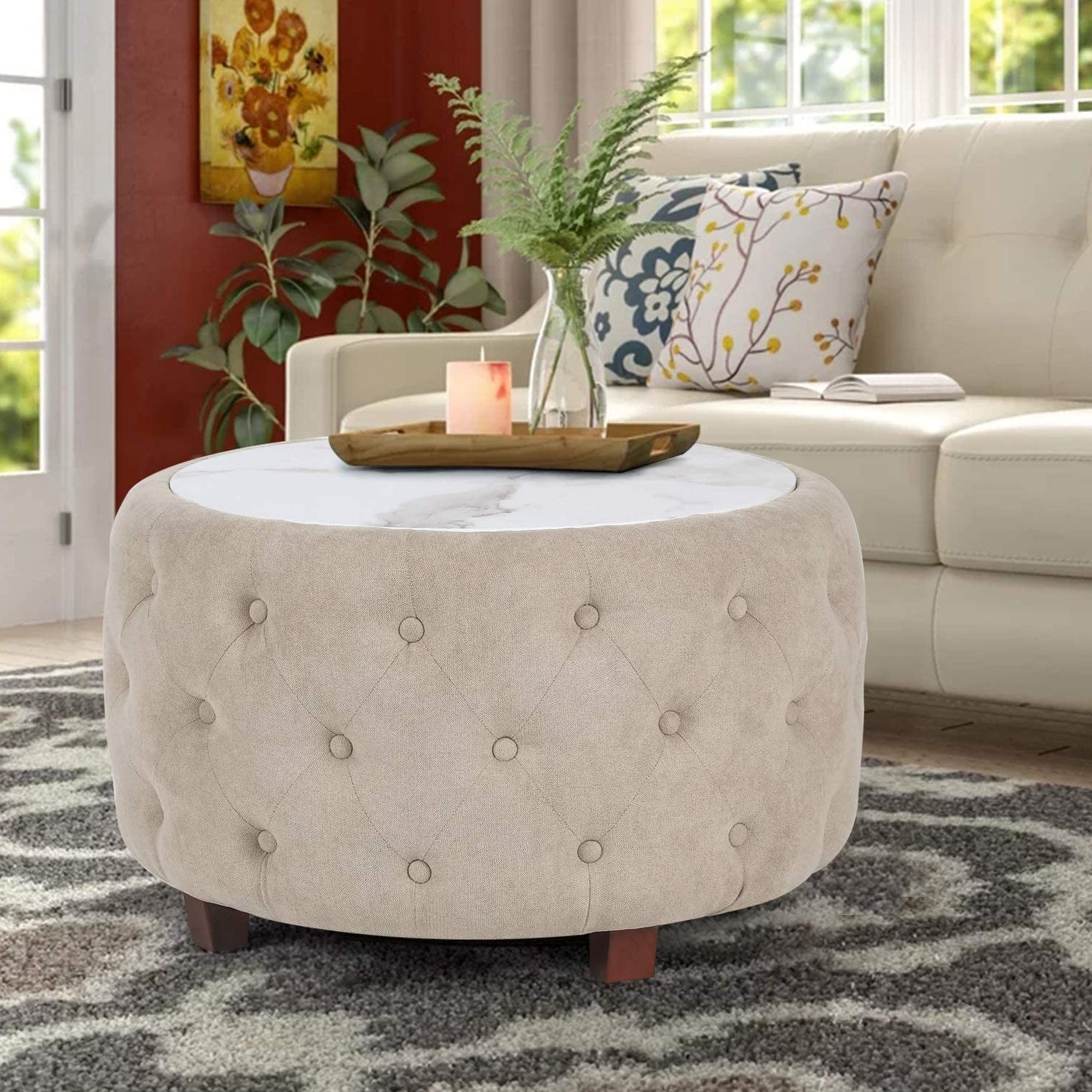 Well Known Beige Cotton Pouf Ottomans Throughout Homebeez Fabric Round Ottoman Coffee Table Footstool  (View 7 of 10)