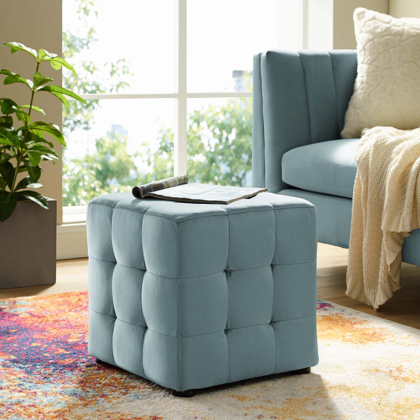 Well Known Blue Fabric Tufted Surfboard Ottomans For Contour Tufted Cube Performance Velvet Ottoman Light Blue (View 5 of 10)