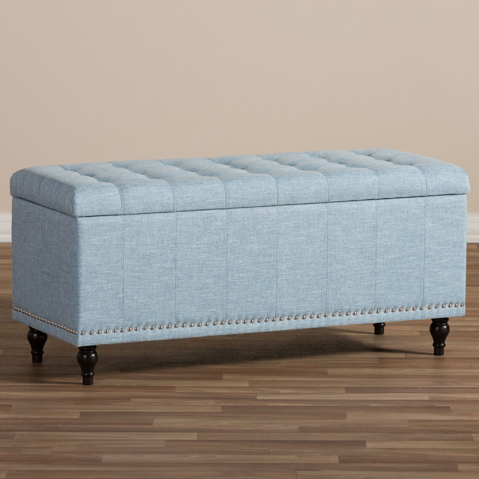 Well Known Brown And Gray Button Tufted Ottomans Throughout Kaylee Contemporary Button Tufted Fabric Nailhead Trim 42" Storage (View 10 of 10)