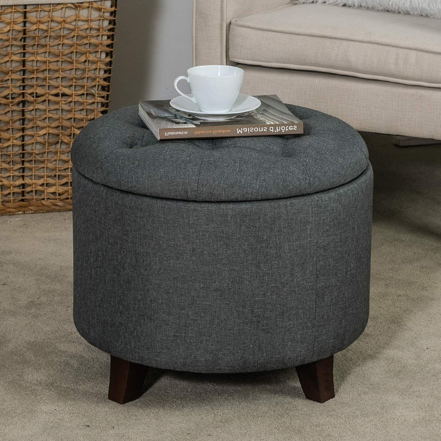Well Known Gray And White Fabric Ottomans With Wooden Base With Amazon: Homebeez Round Storage Ottoman Footstool, Button Tufted (View 9 of 10)
