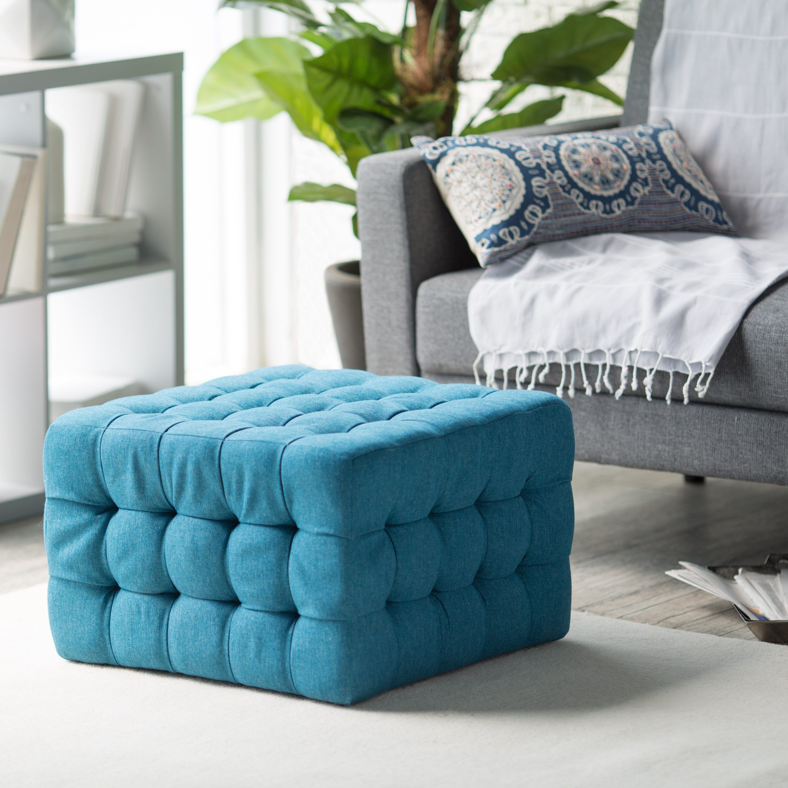 Well Known Green Fabric Square Storage Ottomans With Pillows Within Belham Living Allover Tufted Square Ottoman – Teal – Ottomans At Hayneedle (View 5 of 10)