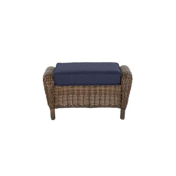 Well Known Hampton Bay Cambridge Brown Wicker Outdoor Patio Ottoman With With Navy And Light Gray Woven Pouf Ottomans (View 6 of 10)