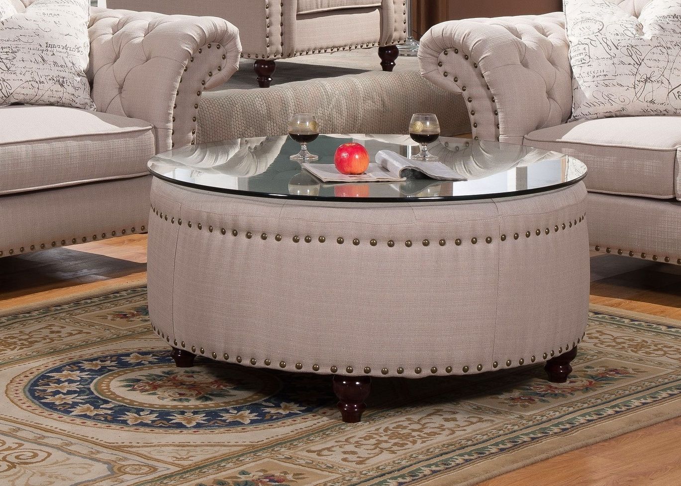 Well Known Walton Traditional Button Tufted Ottoman In Beige Fabric Upholstery For Tufted Ottomans (View 9 of 10)