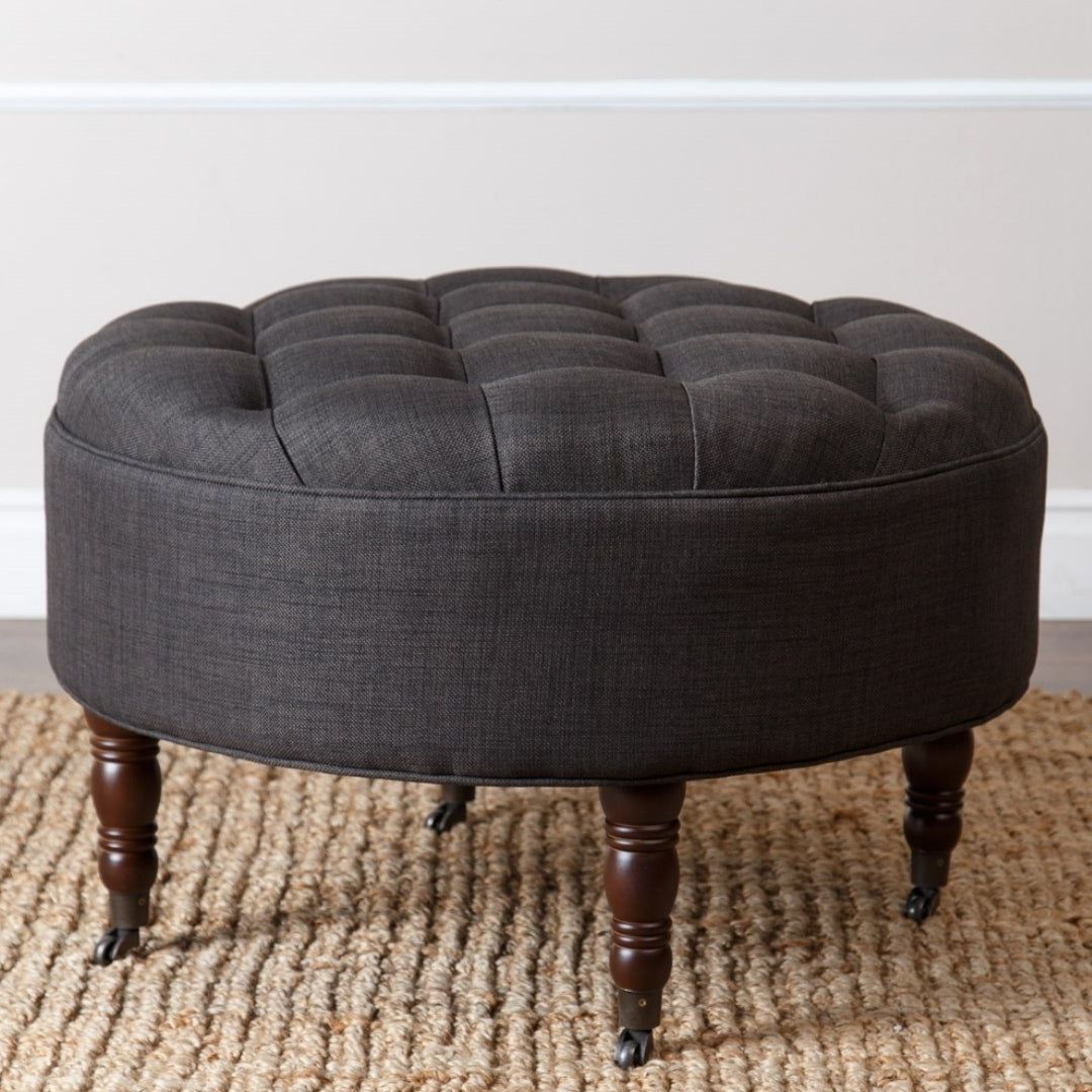 Well Liked Abbyson Clarence Round Grey Fabric Tufted Ottoman Grey Small (View 7 of 10)