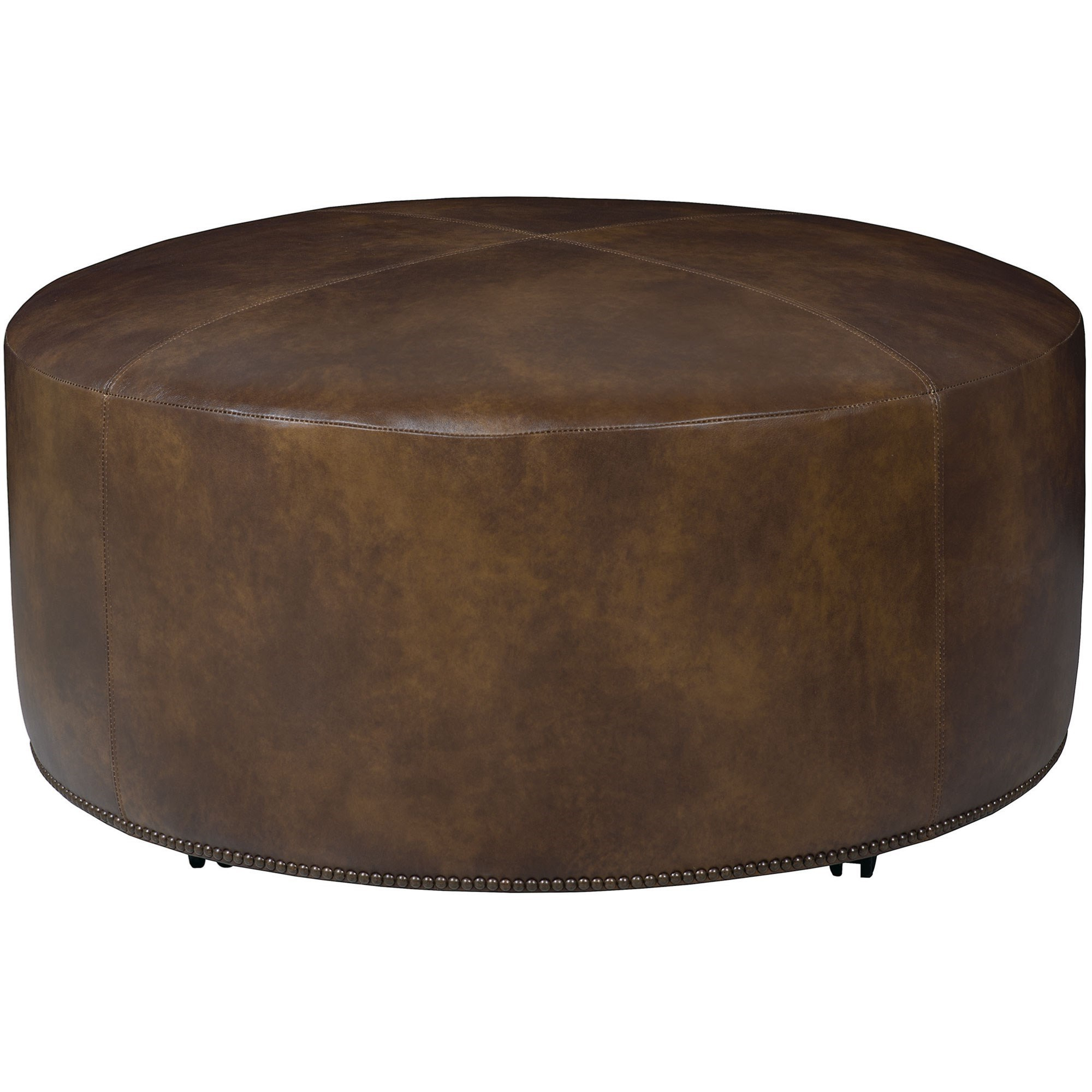 Well Liked Brown Leather Round Pouf Ottomans In Bernhardt Lolo Round 40" Cocktail Ottoman With Nailhead Trim (View 5 of 10)