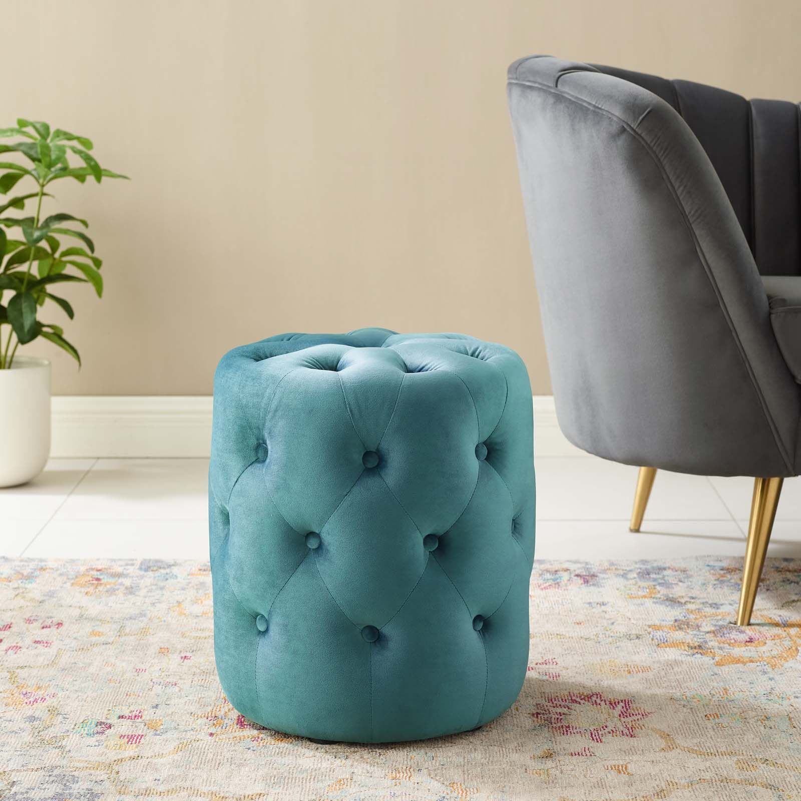 Well Liked Round Pouf Ottomans With Regard To Anthem Tufted Button Round Performance Velvet Ottoman In Sea Blue (View 3 of 10)