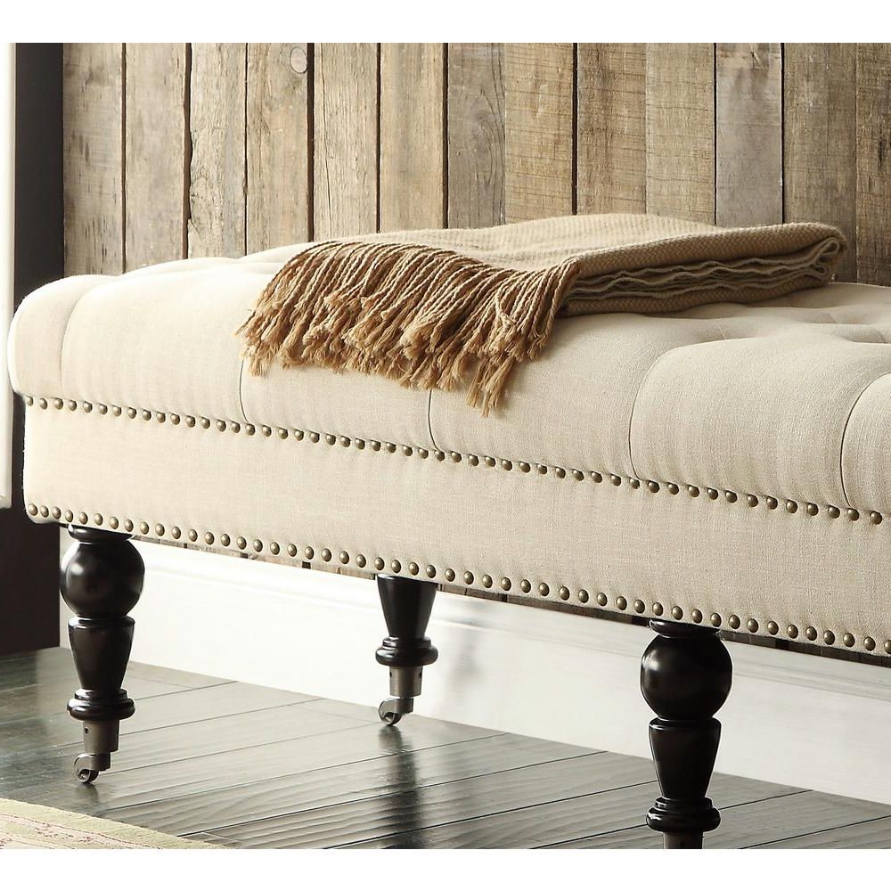 Well Liked Solid Birch Wood Bench Bed End Ottoman Deluxe Tufted Natural Linen Within Natural Solid Cylinder Pouf Ottomans (View 3 of 10)