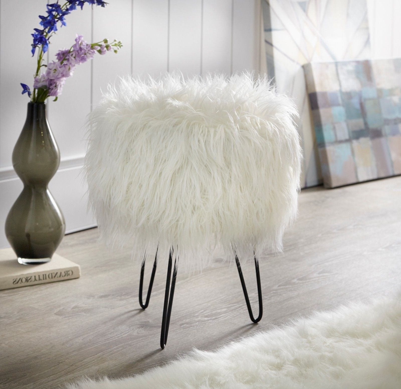 White Faux Fur And Gold Metal Ottomans Intended For Best And Newest Bohemian Glam 14" Round White Faux Fur Ottoman Footstool Footrest (View 2 of 10)
