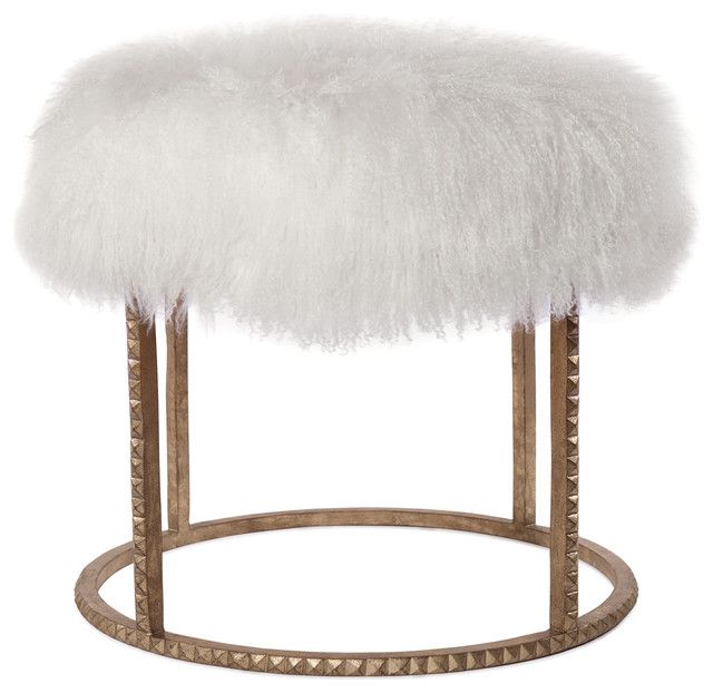 White Faux Fur And Gold Metal Ottomans Within Favorite Pom Pom Hollywood Regency White Lamb Gold Studded Pouf Ottoman (View 3 of 10)