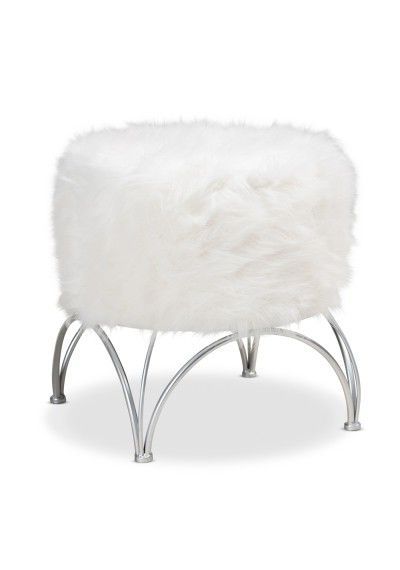 White Faux Fur Round Ottomans With Widely Used White Faux Fur Top Footstool Ottoman Silver Geometric Base (View 6 of 10)