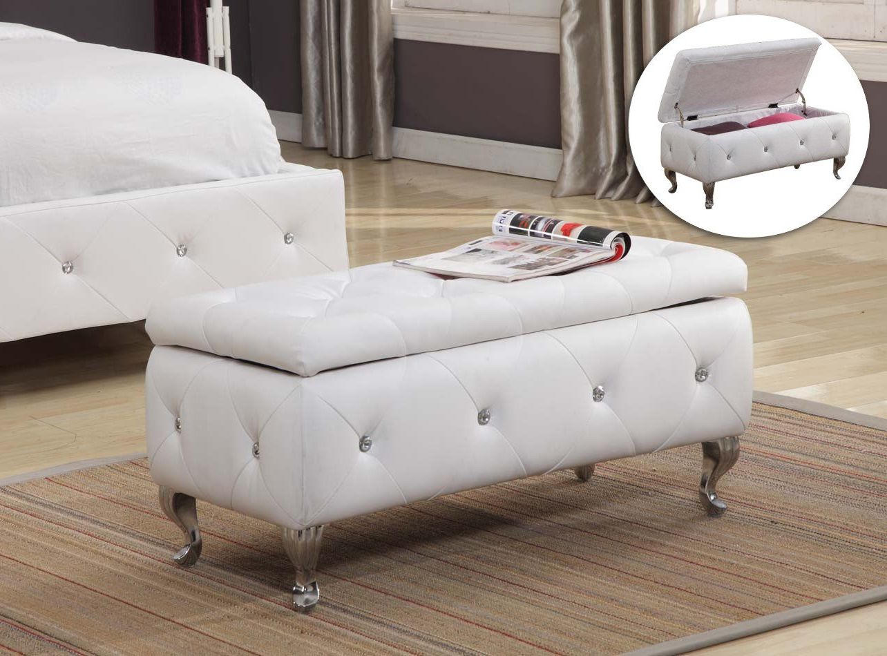 White Modern Leather Storage Ottoman Footstool Crystal Button Tufted Pertaining To Well Liked White Leather Ottomans (View 3 of 10)