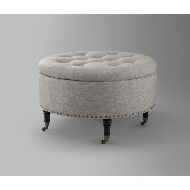 Widely Used Landon Round Ottoman Gray Linen Hidden Storage Button Tufted – Ron13 With Regard To Neutral Beige Linen Pouf Ottomans (View 2 of 10)