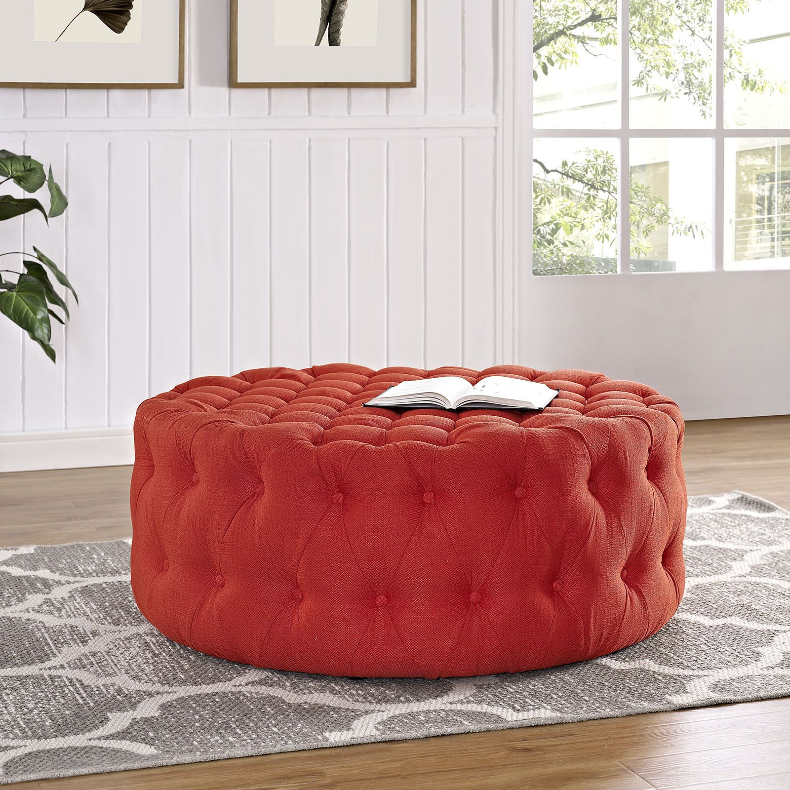 Widely Used Round Black Tasseled Ottomans Regarding Button Tufted Fabric Upholstered Round Ottoman In Atomic Red (View 4 of 10)