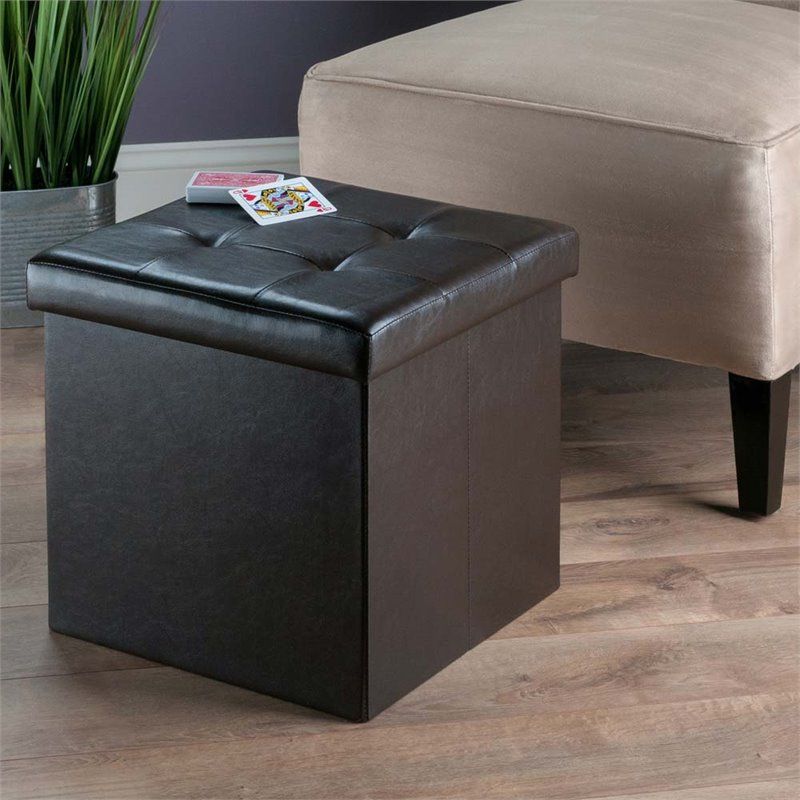 Winsome Ashford Faux Leather Storage Cube Ottoman In Espresso – 92415 Within Trendy Black Faux Leather Cube Ottomans (View 6 of 10)