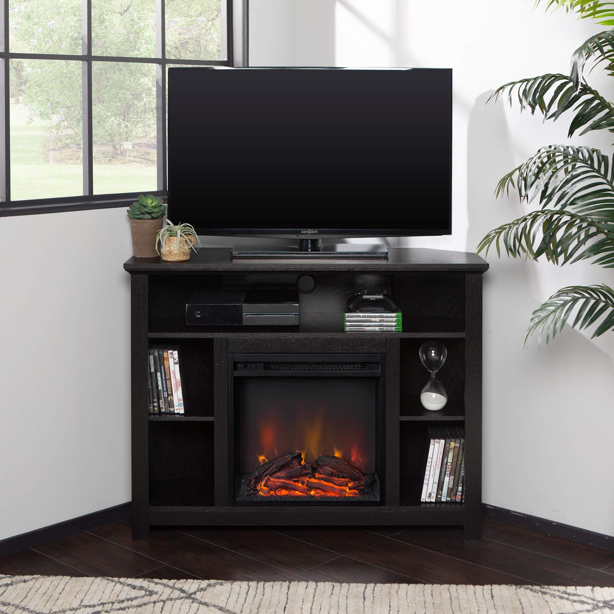 2017 Amazon: Home Accent Furnishings 44" Wood Corner Fireplace Tv Stand –  Black : Home & Kitchen Within Black Accent Tv Stands (View 5 of 10)