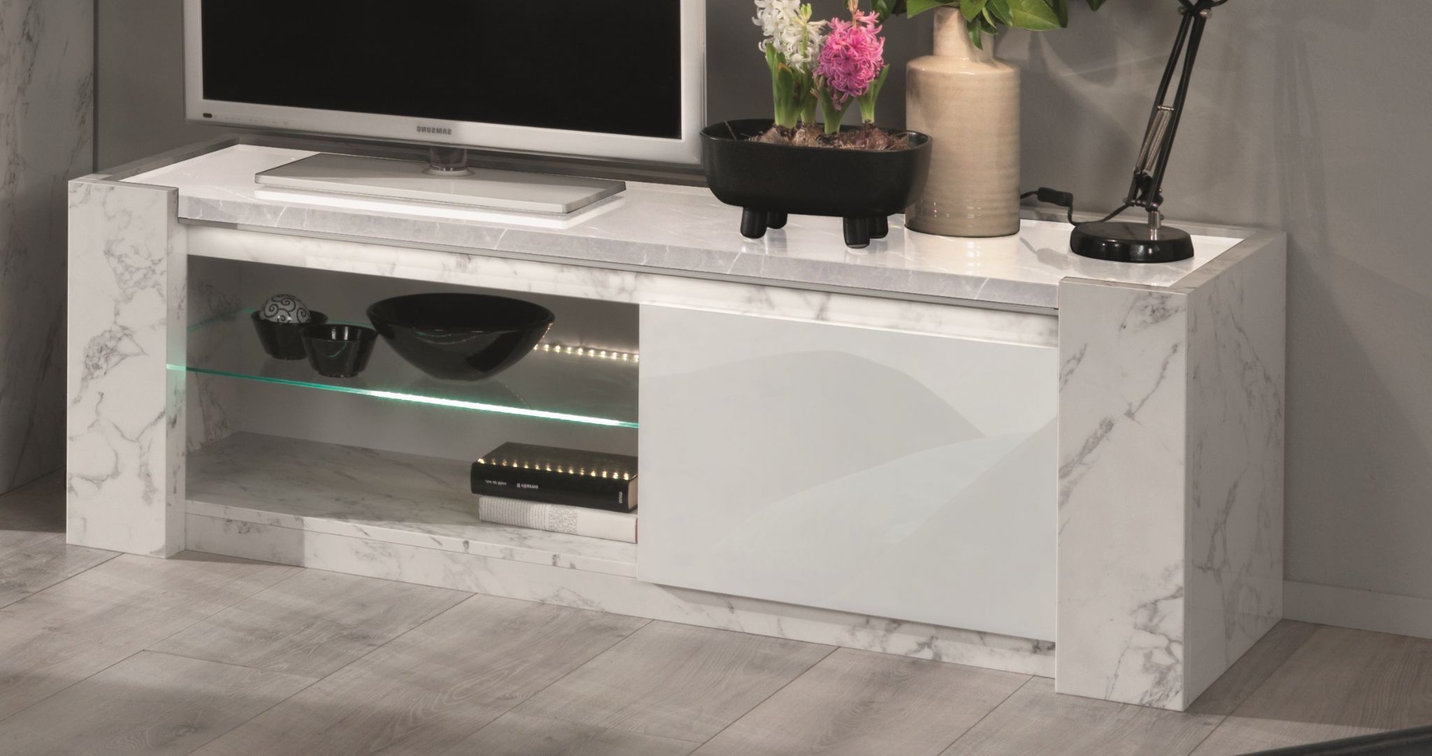 2018 Edina White And Marble High Gloss Italian Tv Stand Regarding Marble Tv Stands (View 3 of 10)