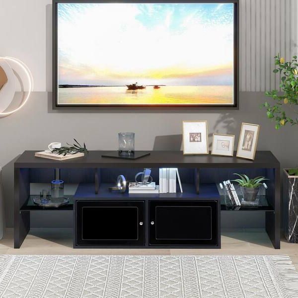 2018 Modern 2 Tier Tv Stands Tv Stands With Tidoin Modern 59 In. Black Wood 2 Tier Tv Stand Console Table With 2 Storage  Doors Fits Tv's Up To 65 In (View 2 of 10)