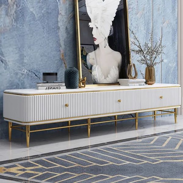 2018 White And Gold Tv Stand For Tvs Up To 75" 3 Drawers Faux Marble Top  Mid Century Homary Regarding Faux Marble Gold Tv Stands (View 5 of 10)