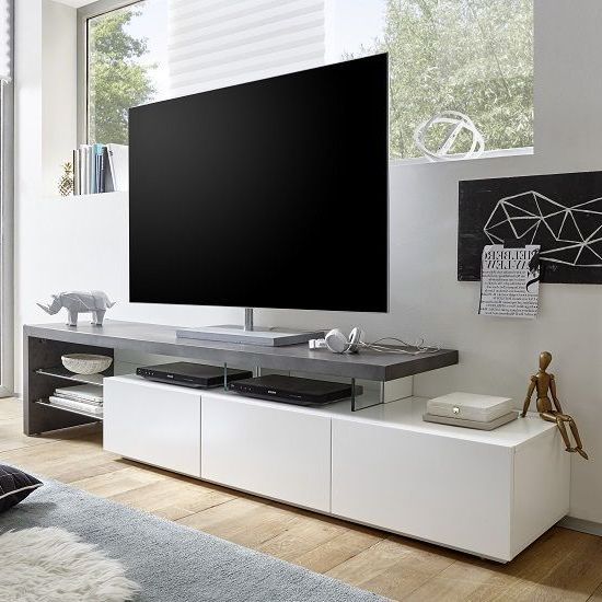 Alanis Modern Tv Stand In Concrete And Matt White With 3 Drawers And Glass  Shelves Will Look Elegant In You… (View 6 of 10)
