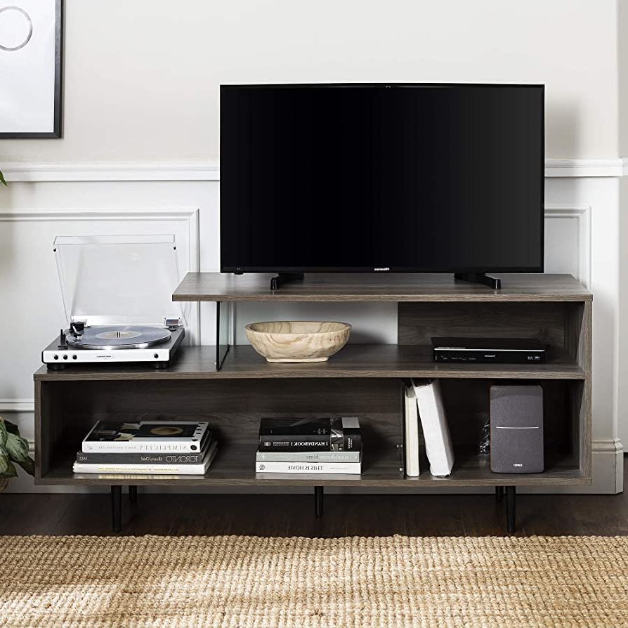 Amazon: Walker Edison Asymmetrical Wood And Glass Universal Tv Stand  With Open Shelves Cabinet Doors Storage For Tv's Up To 64" Flat Screen  Living Room Storage Entertainment Center, 60 Inch, Slate Grey : Within Most Recent Octagon Glass Top Tv Stands (View 6 of 10)