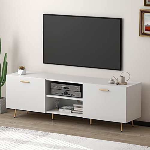 Best And Newest Amazon: Homsee Modern Tv Stand For Tvs Up To 75 Inch, Entertainment  Center Tv Console Table With 2 Doors, 2 Open Shelves & Gold Metal Legs For  Living Room, Bedroom, White (69”l With Regard To Splayed Metal Legs Tv Stands (View 8 of 10)
