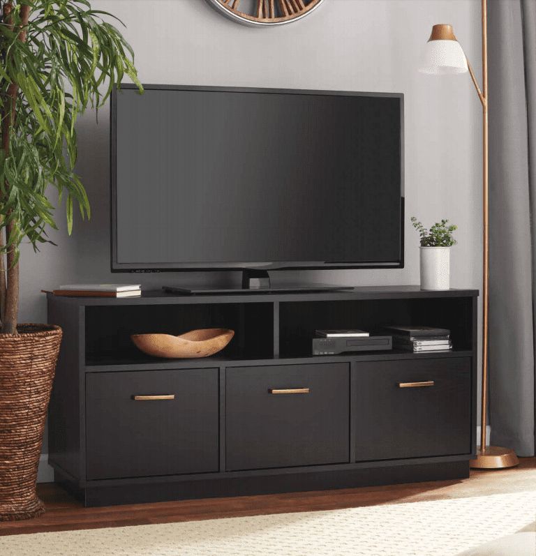 Best And Newest Drum Shaped Tv Stands With Mainstays 3 Door Tv Stand Console For Tvs Up To 50", Blackwood – Walmart (View 10 of 10)