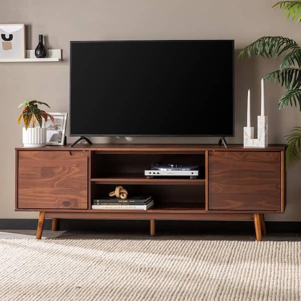 Best And Newest Warm Walnut Tv Stands Within Welwick Designs 70 In. Walnut Solid Wood Mid Century Modern Tv Stand With  2 Doors (max Tv Size 80 In (View 8 of 10)