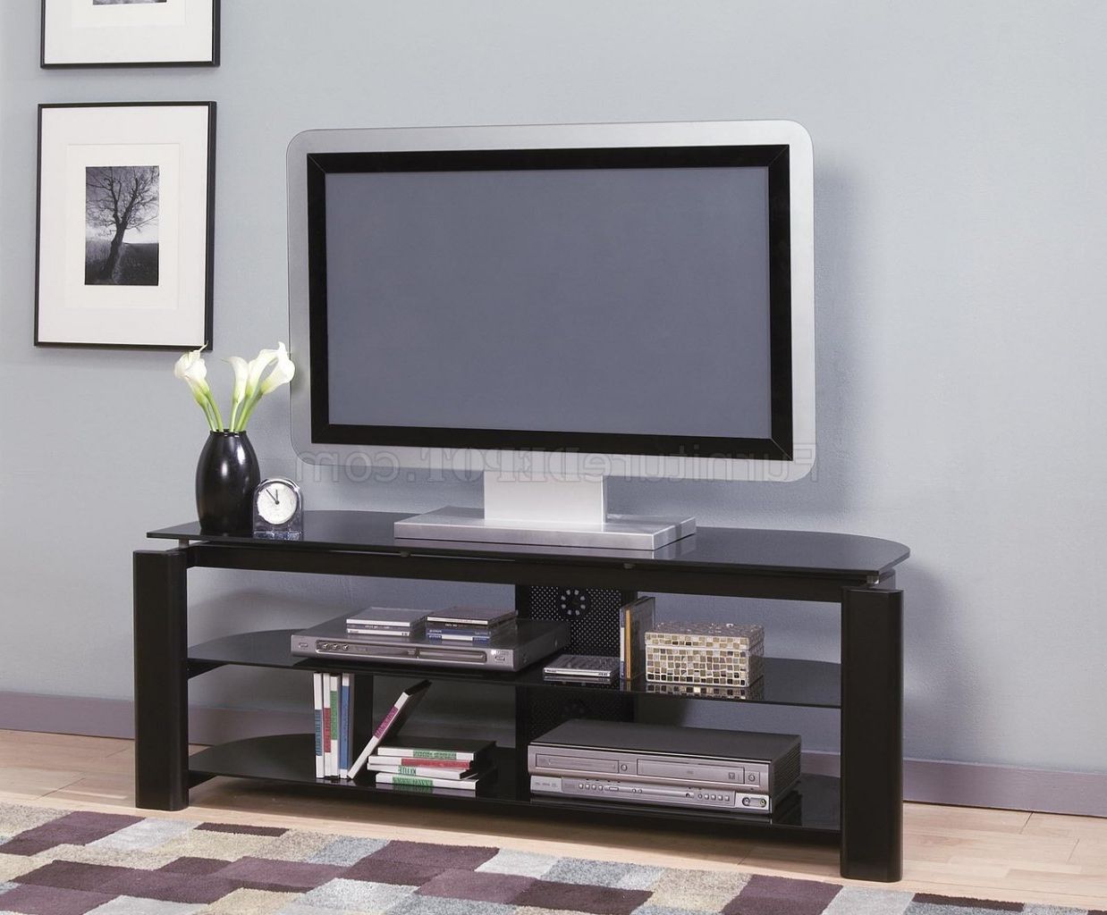 Black Glass & Metal Modern Tv Stand W/storage Shelves For Fashionable Glass Tv Stands With Storage Shelf (View 10 of 10)
