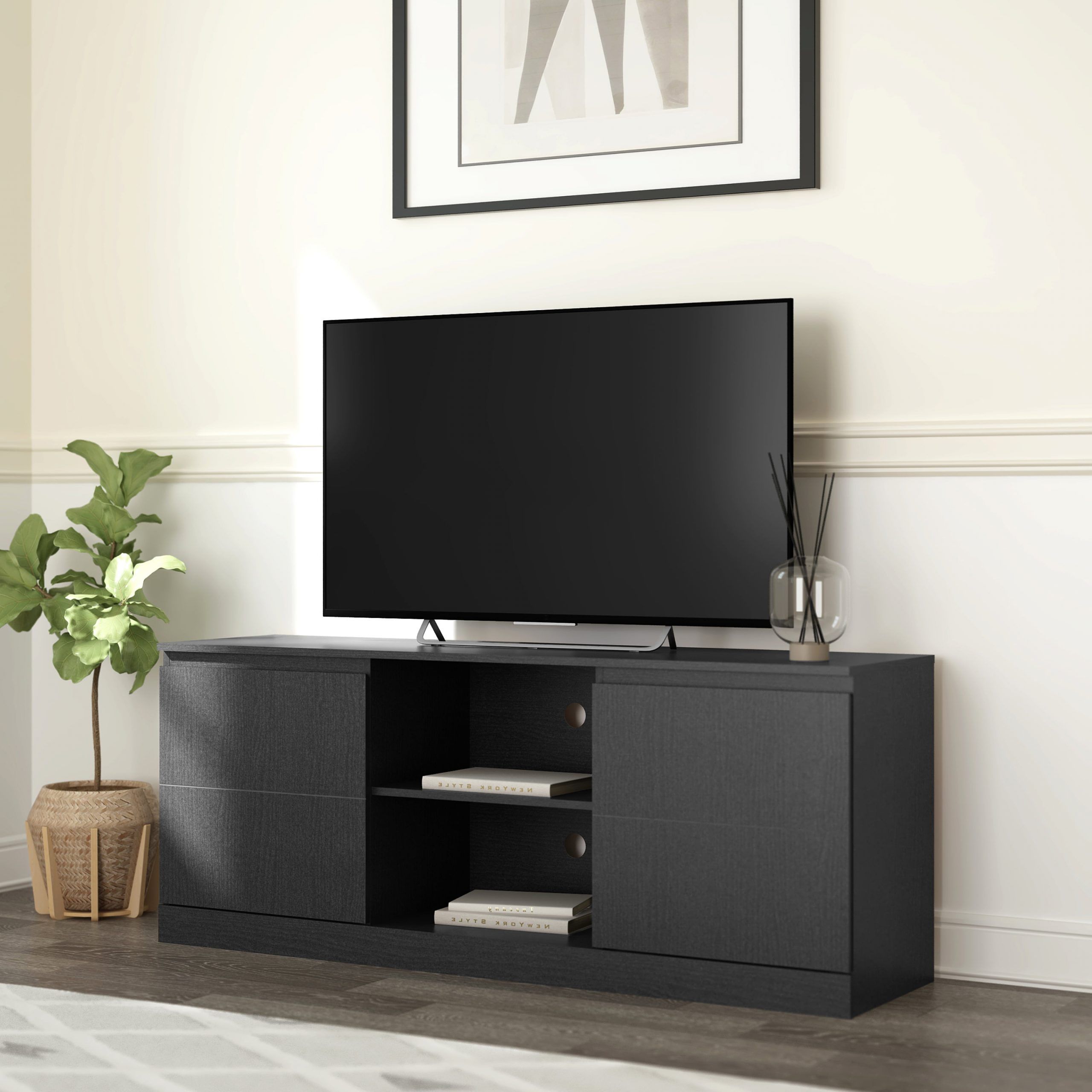 Brindle 60" Tv Stand With Charging Station For Tv's Up To 65", Black Oak –  Walmart For Most Up To Date Tv Stands With Charging Station (View 3 of 10)