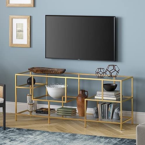 Bronze Metal Tv Stands Within Famous Amazon: Deveraux Rectangular Tv Stand With Glass Shelves For Tv's Up To  65" In Brass : Home & Kitchen (View 3 of 10)