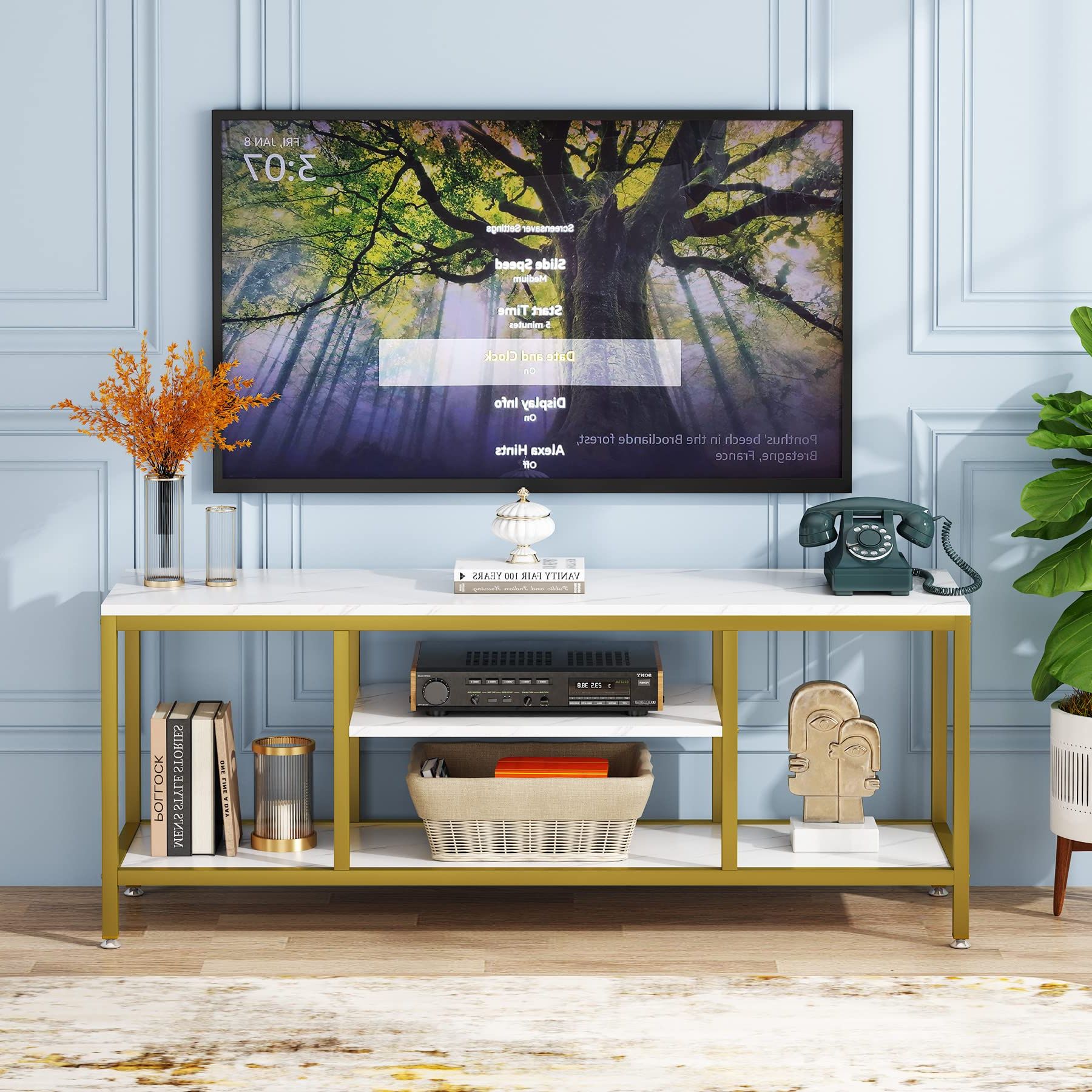 Current Amazon: Tribesigns Tv Stand, 59 Inches Gold 3 Tier Tv Console For Tvs  Up To 65" With Faux Marble Veneer, Sofa Console Entryway Table For Living  Room : Home & Kitchen Throughout Faux Marble Gold Tv Stands (View 3 of 10)
