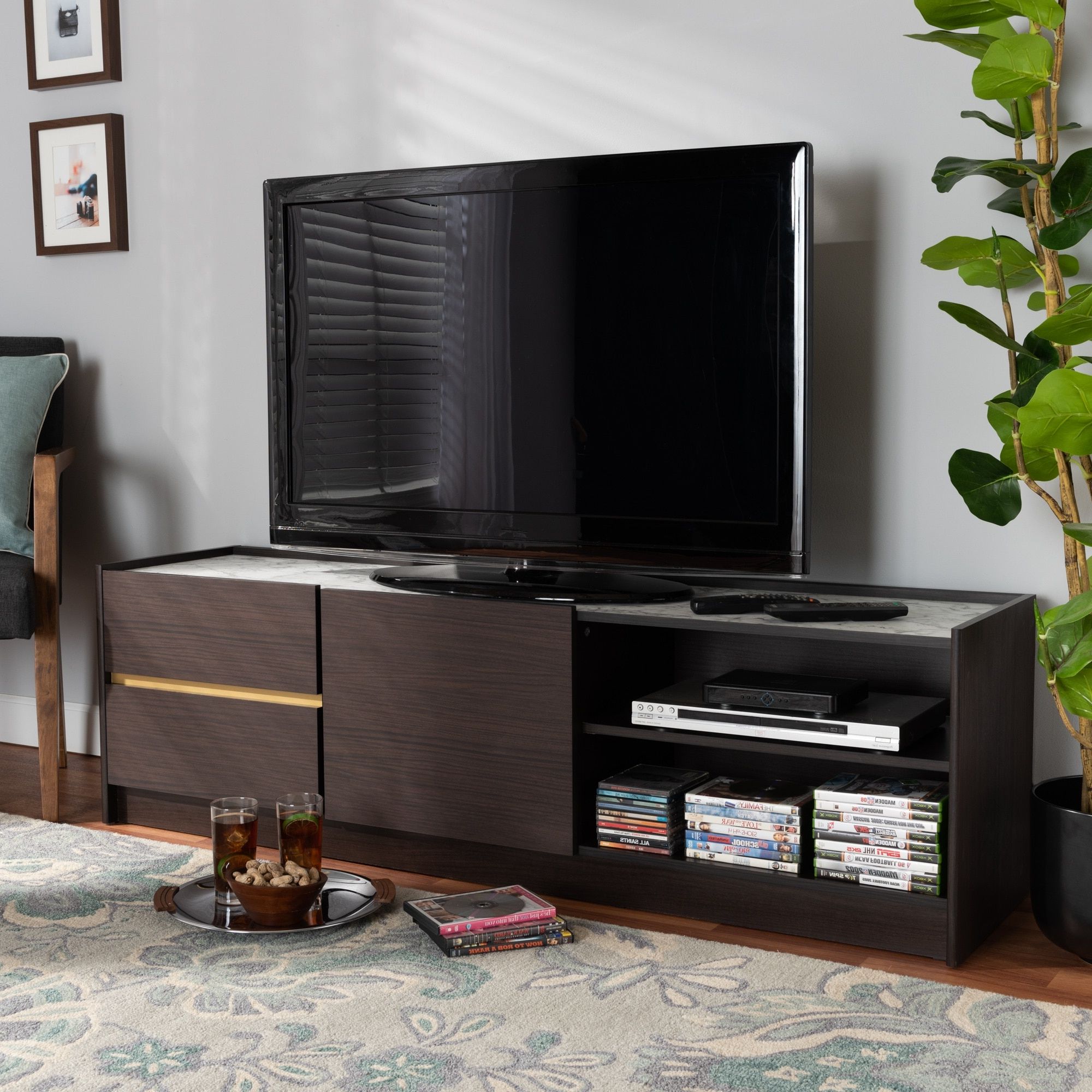 Current Faux Marble Top Tv Stands Within Walker Modern Brown And Gold Finished Tv Stand With Faux Marble Top – On  Sale – Overstock –  (View 9 of 10)