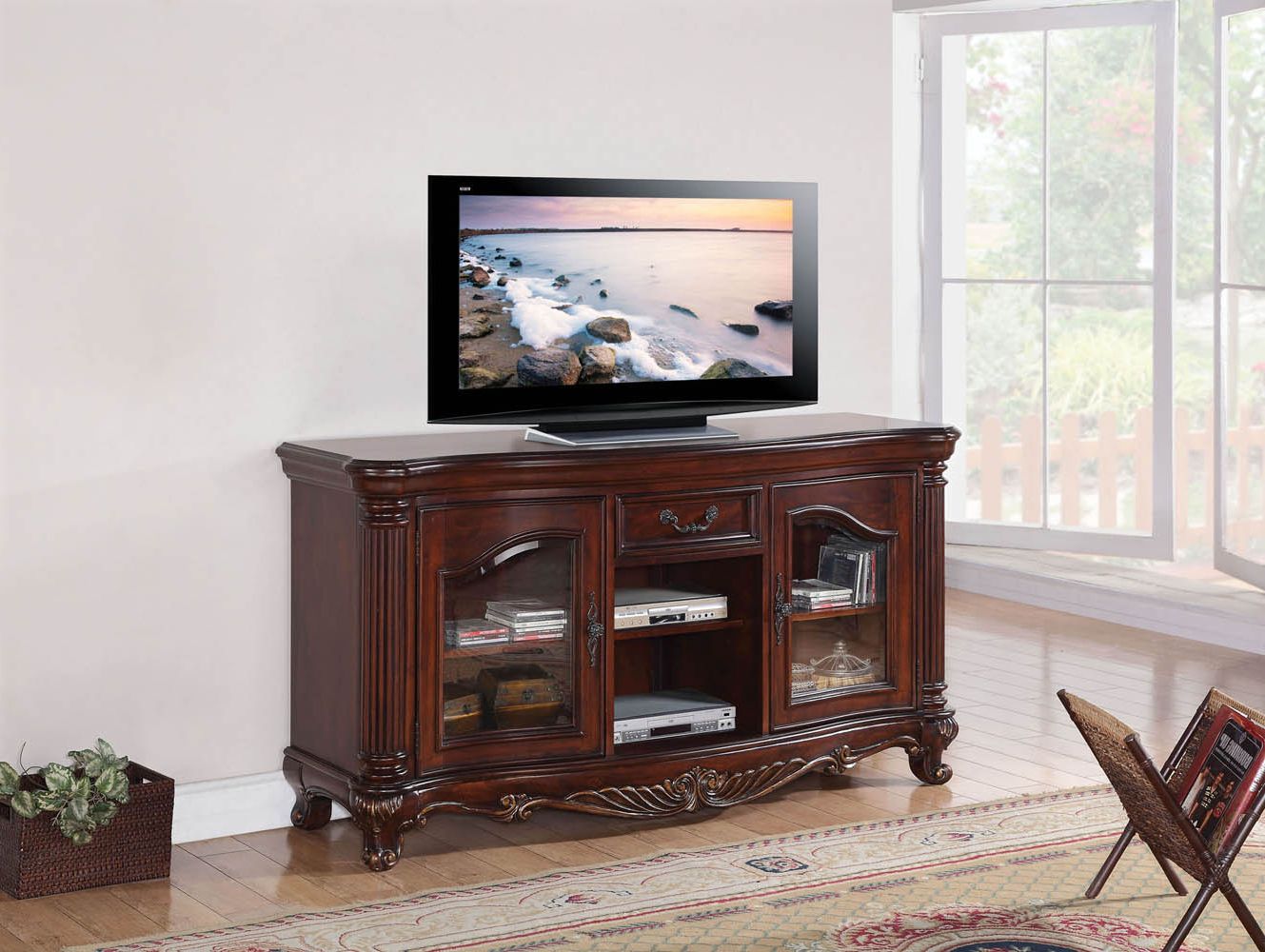 Dark Cherry Tv Stands Pertaining To 2017 Brown Cherry Finish Elegant Tv Console (View 9 of 10)