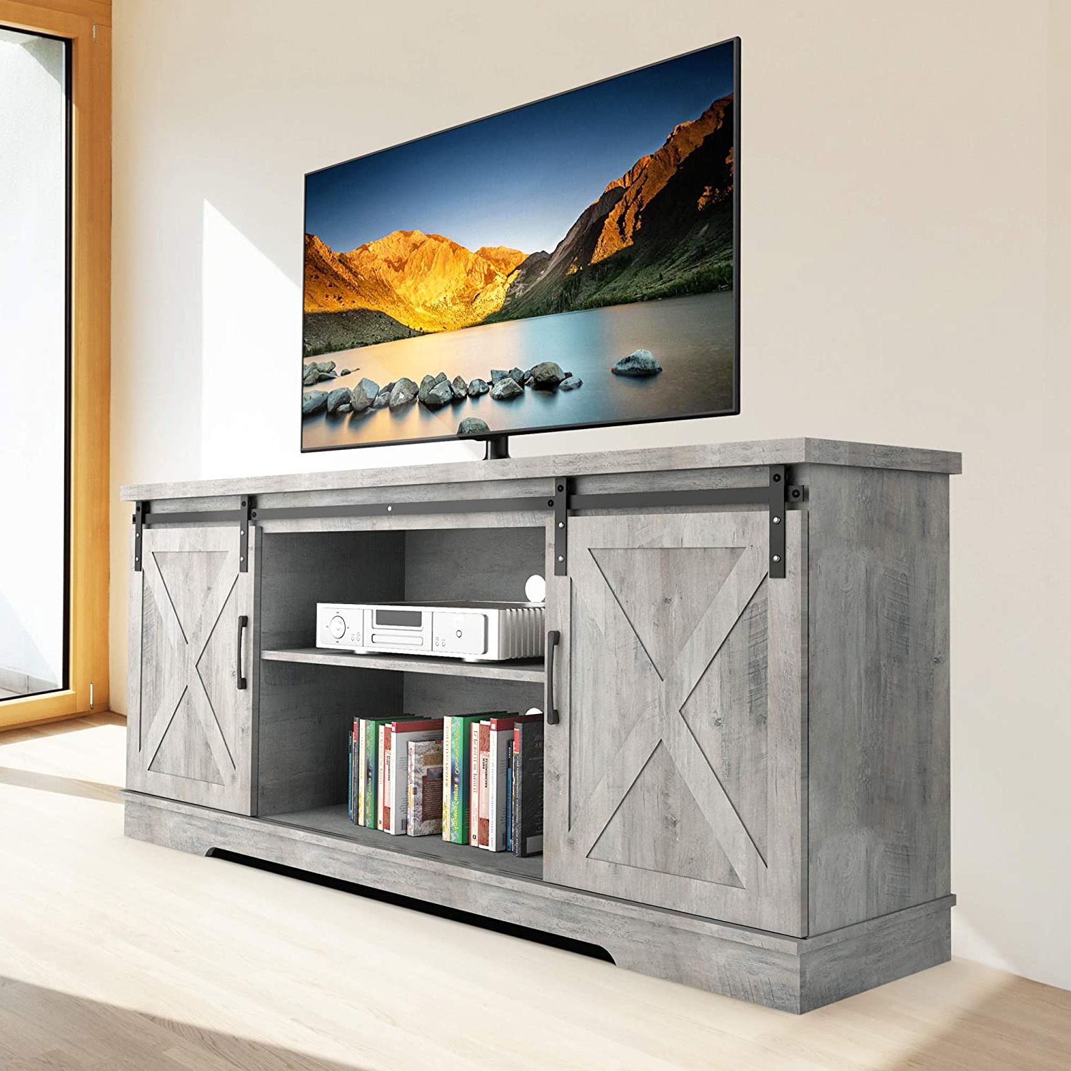 Eastvita Modern Farmhouse Sliding Barn Door Tv Stand For 65" Television,  59" Entertainment Center Tv Console, Home Living Room Storage Table With  Movable Shelf (stone Grey) – Walmart Regarding Current Farmhouse Style Tv Stands (View 6 of 10)
