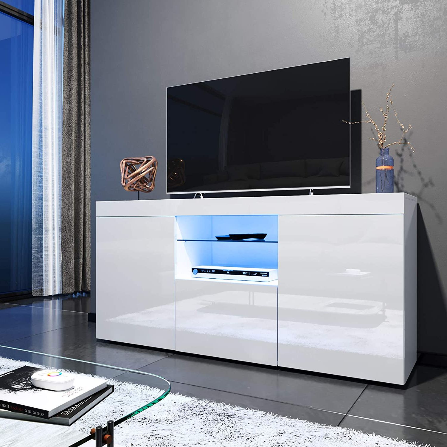 Elegant 1350mm Led Tv Cabinet Modern White Gloss Tv Stand With Ambient  Lights For Living Room And Bedroom With Storage Furniture For 32 40 43 50  52 55 Inch 4k Tv : Amazon.co (View 3 of 10)