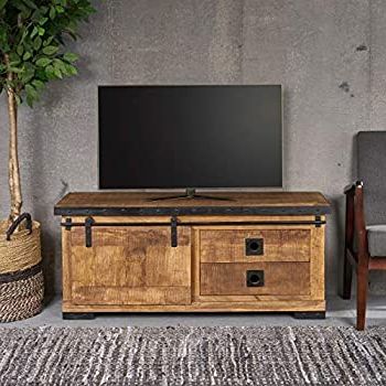 Famous Amazon: Christopher Knight Home Mavis Modern Industrial Mango Wood Tv  Stand, Natural Finish, Black : Home & Kitchen Throughout Natural Stained Wood Tv Stands (View 3 of 10)