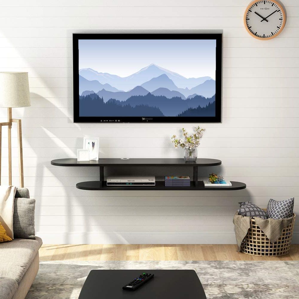 Famous Modern 2 Tier Tv Stands Tv Stands Pertaining To Tribesigns Wall Mounted Media Console Decorative, Modern 2 Tier Wood Tv  Console Floating Hanging Tv Stand Shelf For Cable Boxes Routers (59 Inch) –  Walmart (View 7 of 10)