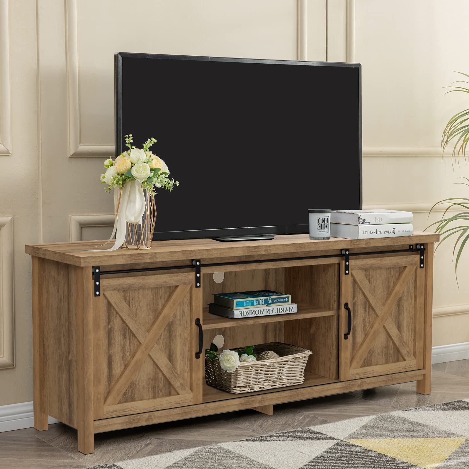 Farmhouse Style Tv Stands Intended For Current Amazon: Gazhome Modern Farmhouse Tv Stand With Sliding Barn Doors,  Media Entertainment Center Console Table For Tvs Up To 65”,2 Tier Large  Storage Cabinets,rustic Tv Stand For Living Room, Bedroom,wood : Electronics (View 9 of 10)
