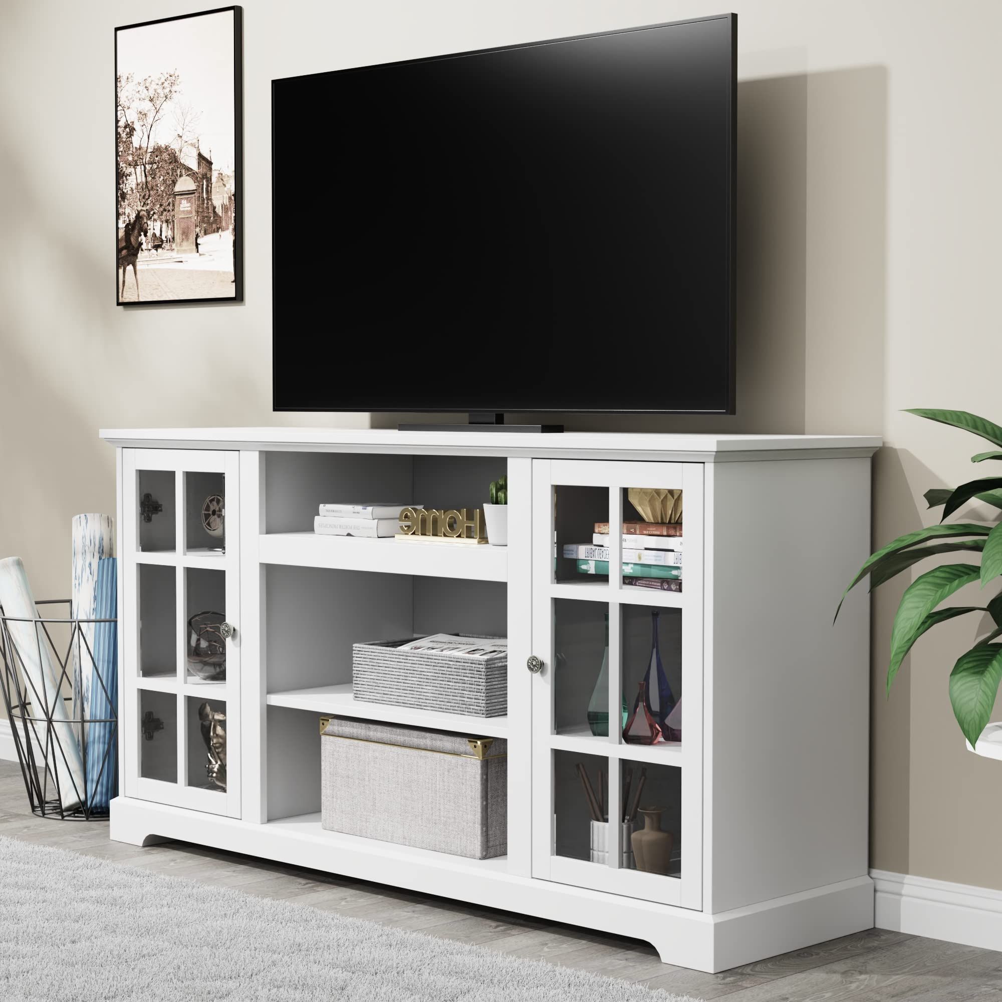 Fashionable Amazon: Lghm White Tv Stand, Entertainment Center For 65 Inch Tv, 58"  Modern Farmhouse Tv Stand With Glass Door, Tall Tv Console Or Storage  Cabinet And Sideboard Buffet : Everything Else With White Storage Tv Stands (View 5 of 10)