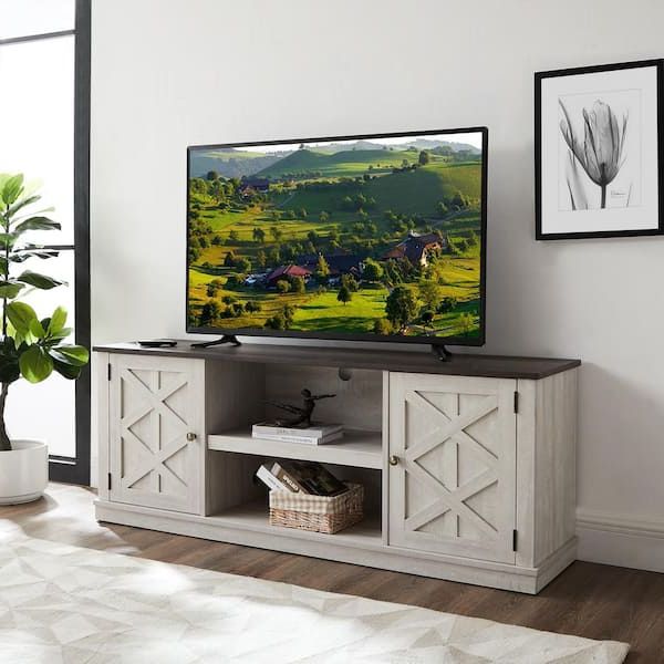 Fashionable Off White Wood Tv Stands Regarding Festivo 64 In. Saw Cut Off White With Dark Drift Wood Desktop Tv Stand For  Tvs Up To 70 In (View 6 of 10)