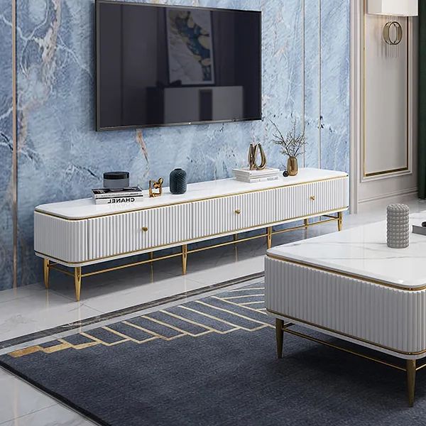 Fashionable White And Gold Tv Stand For Tvs Up To 75" 3 Drawers Faux Marble Top Mid  Pertaining To Faux Marble Gold Tv Stands (View 8 of 10)