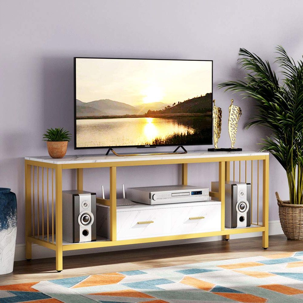 Faux Marble Gold Tv Stands Inside Preferred Amazon: Tribesigns Gold Tv Stand With Drawer, 55 Inch Media Stand Tv  Console For Tvs Up To 60" With Faux Marble Veneer For Living Room (gold &  White) : Home & Kitchen (View 1 of 10)
