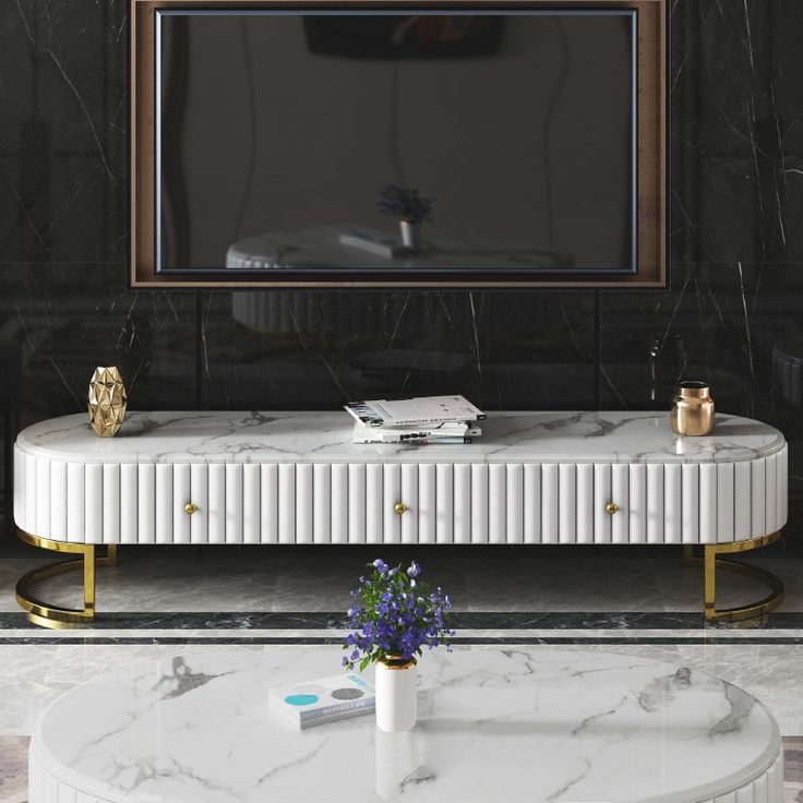 Faux Marble Gold Tv Stands With Well Known Epaule Modern Oval 79" Tv Stand Faux Marble Top Media Stand With 3 Drawers  In White Homary In  (View 9 of 10)