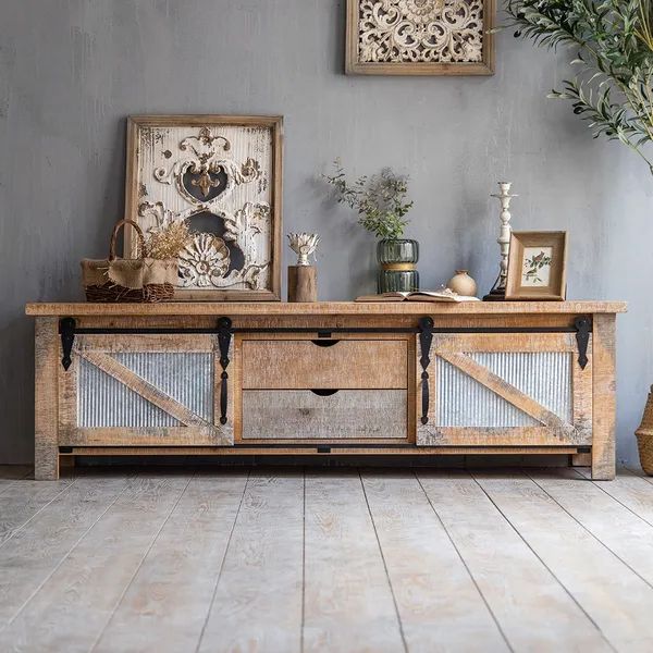 Favorite Rustic Natural Tv Stands Regarding Rustic Natural Tv Stand With 2 Drawers & 2 Sliding Doors Media Console For  Tvs Up To 70" (View 2 of 10)
