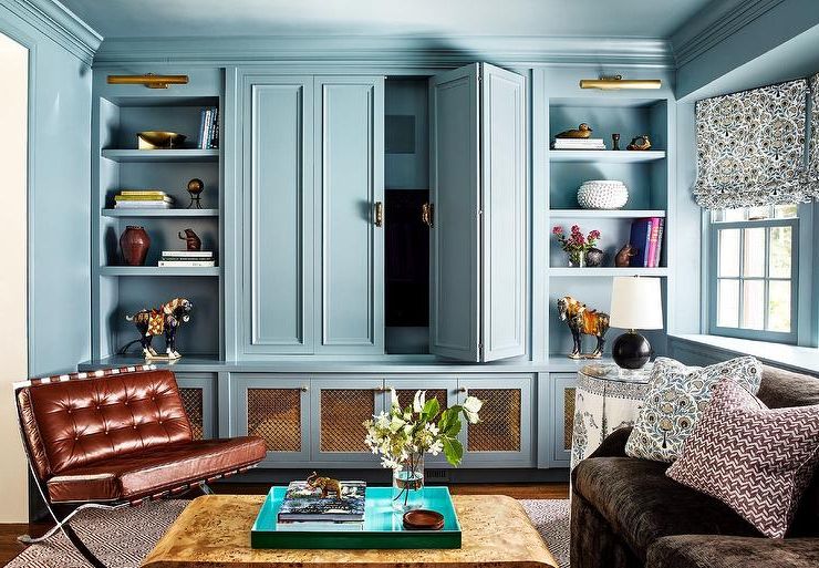 Folding Accent Tv Stands Inside Current Family Room Tv Cabinet With Blue Folding Doors – Transitional – Living Room (View 2 of 10)