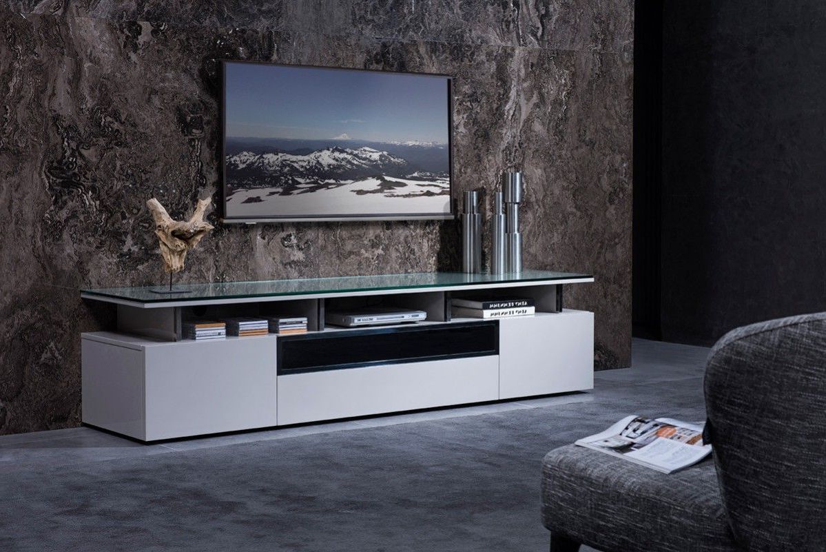 Glass Topped Tv Stands Throughout Well Liked Grey Lacquer Living Room Tv Stand With Glass Top (View 10 of 10)